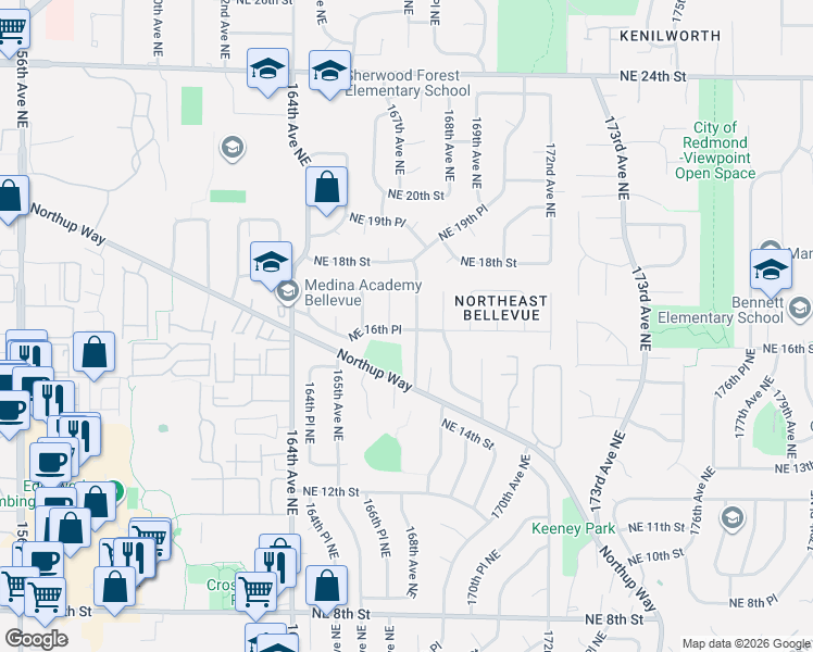 map of restaurants, bars, coffee shops, grocery stores, and more near 1632 168th Avenue Northeast in Bellevue