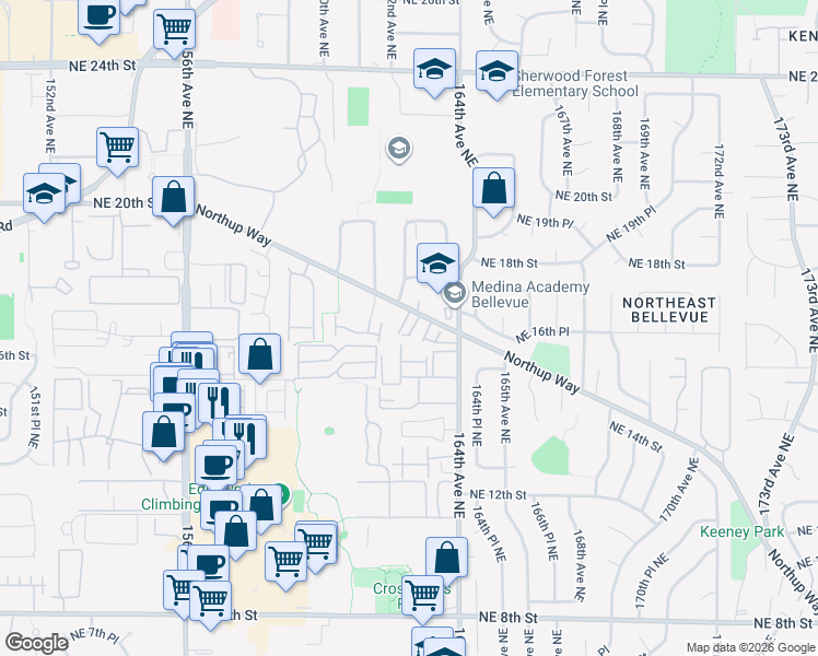 map of restaurants, bars, coffee shops, grocery stores, and more near 16209 Northup Way in Bellevue