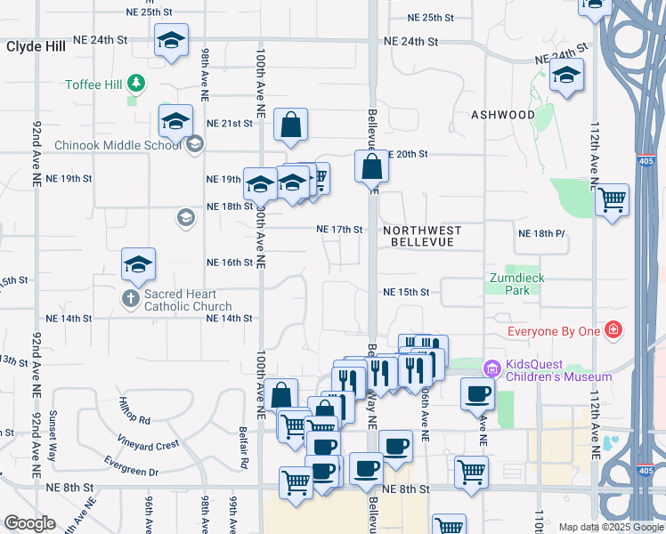 map of restaurants, bars, coffee shops, grocery stores, and more near 1620 103rd Avenue Northeast in Bellevue