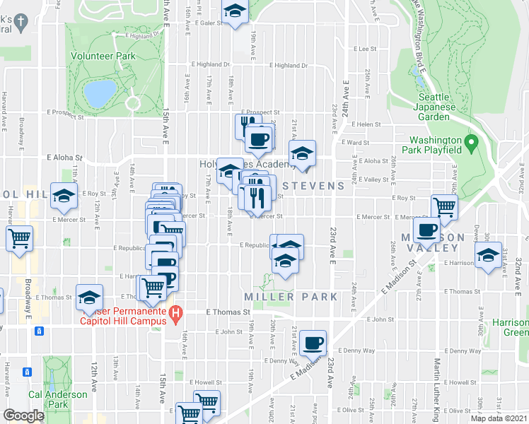 map of restaurants, bars, coffee shops, grocery stores, and more near 620 19th Avenue East in Seattle