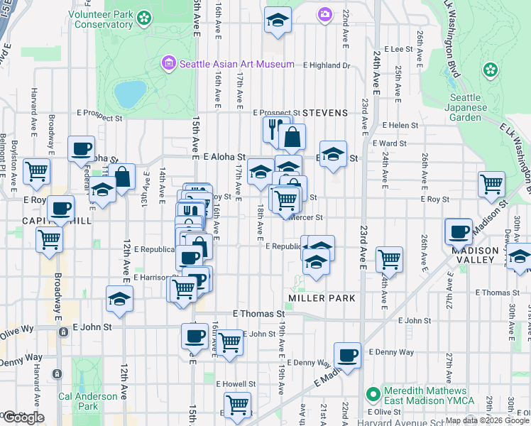 map of restaurants, bars, coffee shops, grocery stores, and more near 614 18th Avenue East in Seattle