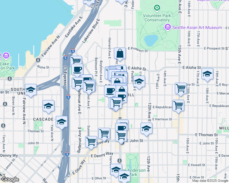 map of restaurants, bars, coffee shops, grocery stores, and more near in Seattle