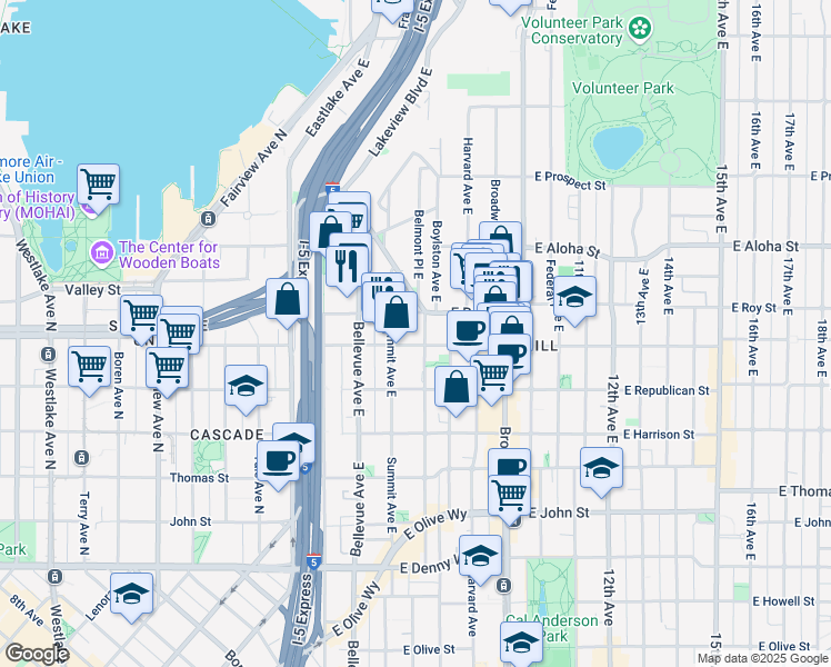 map of restaurants, bars, coffee shops, grocery stores, and more near 511 East Roy Street in Seattle