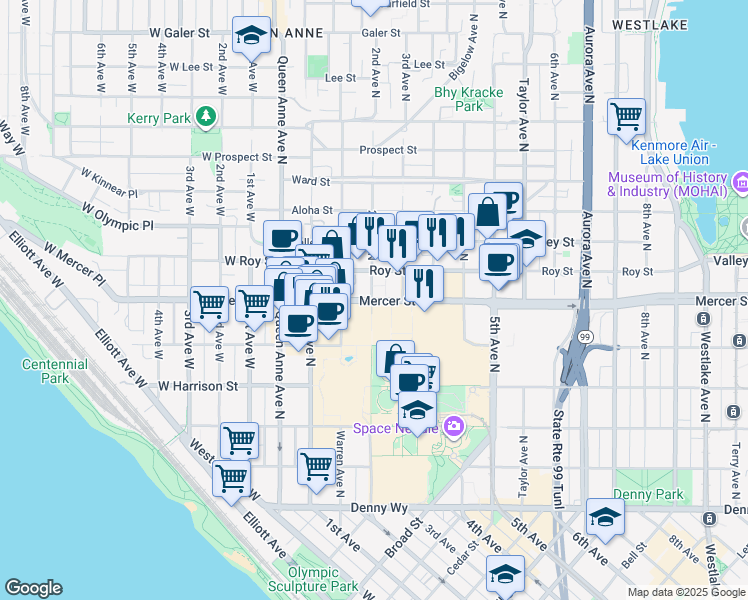 map of restaurants, bars, coffee shops, grocery stores, and more near 222 Mercer Street in Seattle