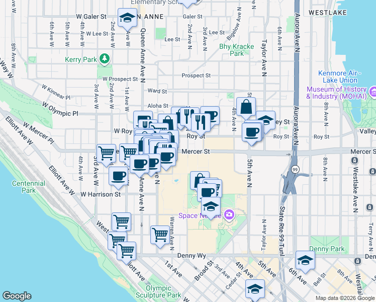 map of restaurants, bars, coffee shops, grocery stores, and more near 168 Mercer Street in Seattle