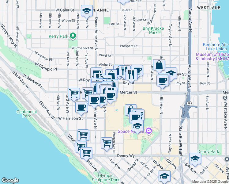 map of restaurants, bars, coffee shops, grocery stores, and more near 168 Mercer Street in Seattle
