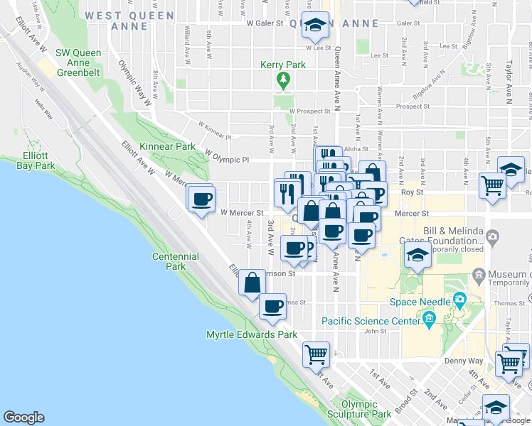 map of restaurants, bars, coffee shops, grocery stores, and more near 326 W Mercer St in Seattle