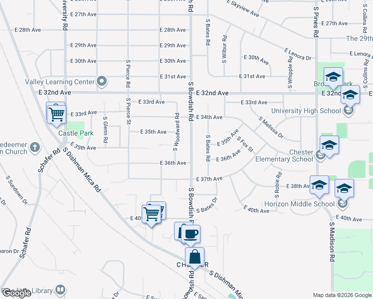 map of restaurants, bars, coffee shops, grocery stores, and more near 3515 South Bowdish Road in Spokane Valley