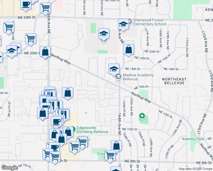 map of restaurants, bars, coffee shops, grocery stores, and more near 16209 Northup Way in Bellevue