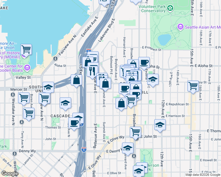 map of restaurants, bars, coffee shops, grocery stores, and more near 601 Belmont Avenue East in Seattle