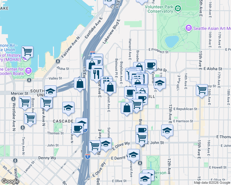 map of restaurants, bars, coffee shops, grocery stores, and more near 601 Belmont Avenue East in Seattle