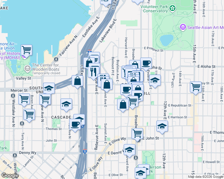 map of restaurants, bars, coffee shops, grocery stores, and more near 511 East Roy Street in Seattle