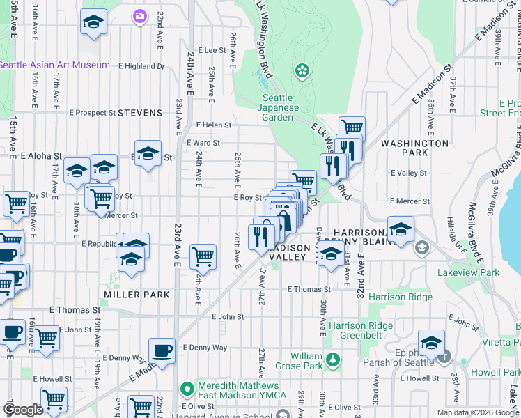 map of restaurants, bars, coffee shops, grocery stores, and more near 610 27th Avenue East in Seattle