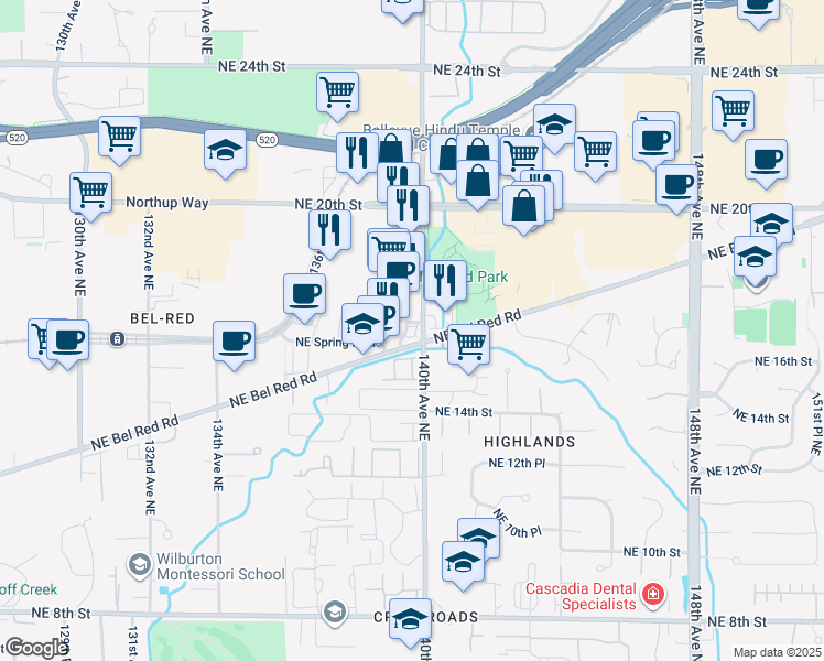 map of restaurants, bars, coffee shops, grocery stores, and more near 1645 140th Avenue Northeast in Bellevue