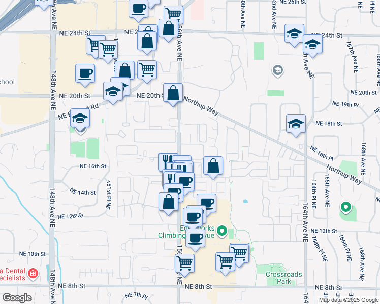 map of restaurants, bars, coffee shops, grocery stores, and more near 1616 156th Avenue Northeast in Bellevue