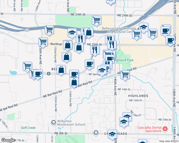 map of restaurants, bars, coffee shops, grocery stores, and more near 1620 136th Place Northeast in Bellevue