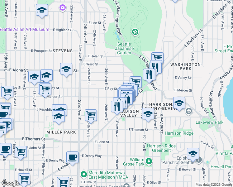 map of restaurants, bars, coffee shops, grocery stores, and more near 610 27th Avenue East in Seattle