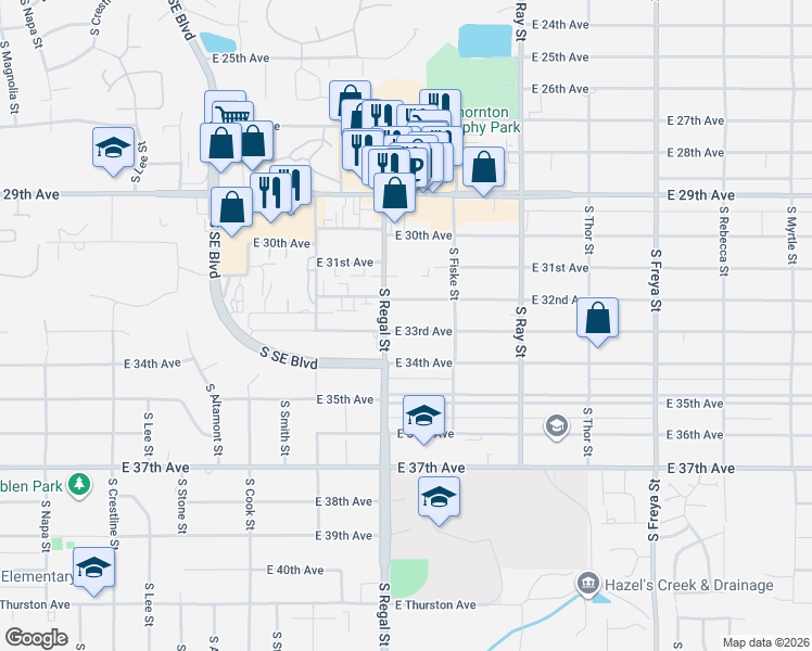 map of restaurants, bars, coffee shops, grocery stores, and more near 2919 East 33rd Avenue in Spokane