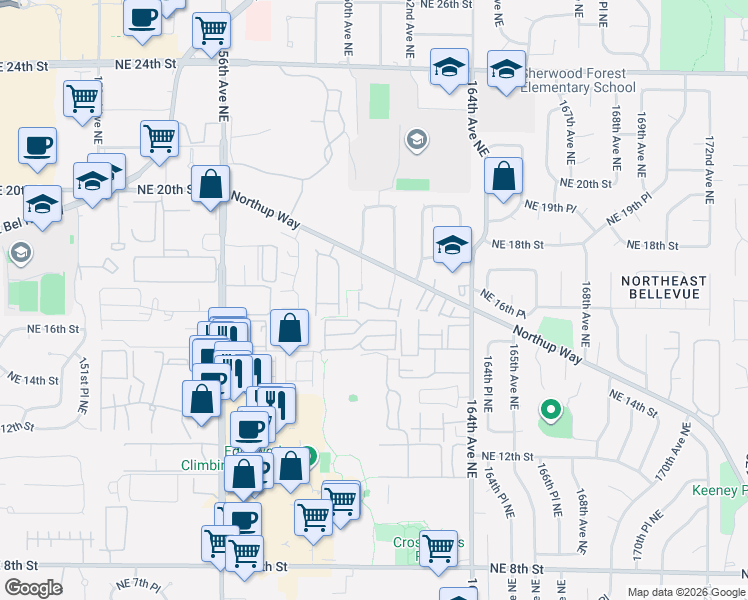 map of restaurants, bars, coffee shops, grocery stores, and more near 16035 Northup Way in Bellevue