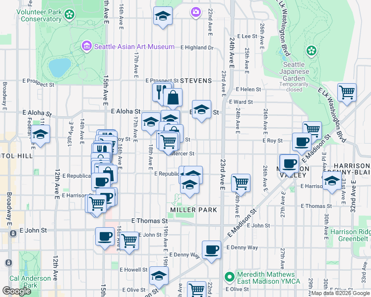 map of restaurants, bars, coffee shops, grocery stores, and more near 2011 East Roy Street in Seattle
