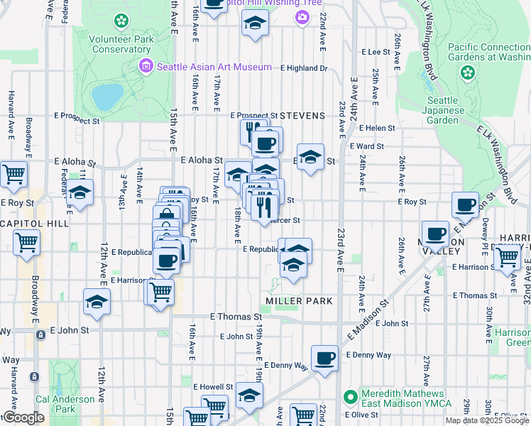 map of restaurants, bars, coffee shops, grocery stores, and more near 620 19th Avenue East in Seattle