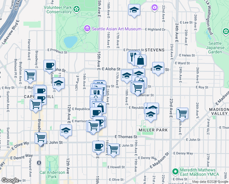 map of restaurants, bars, coffee shops, grocery stores, and more near 618 17th Avenue East in Seattle