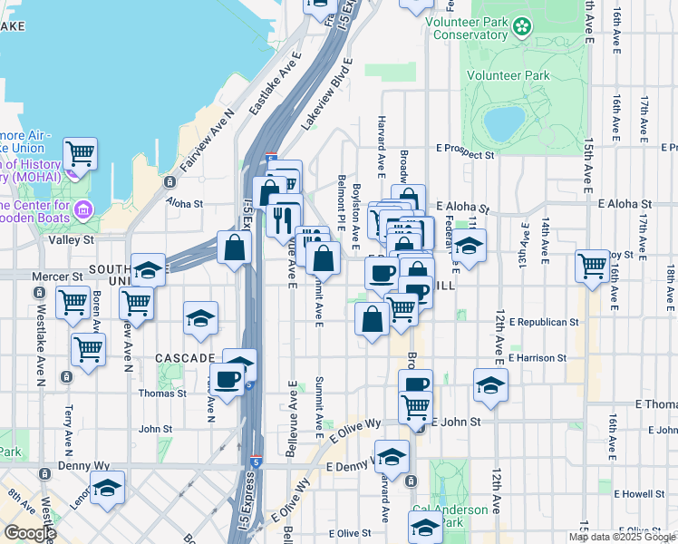 map of restaurants, bars, coffee shops, grocery stores, and more near in Seattle