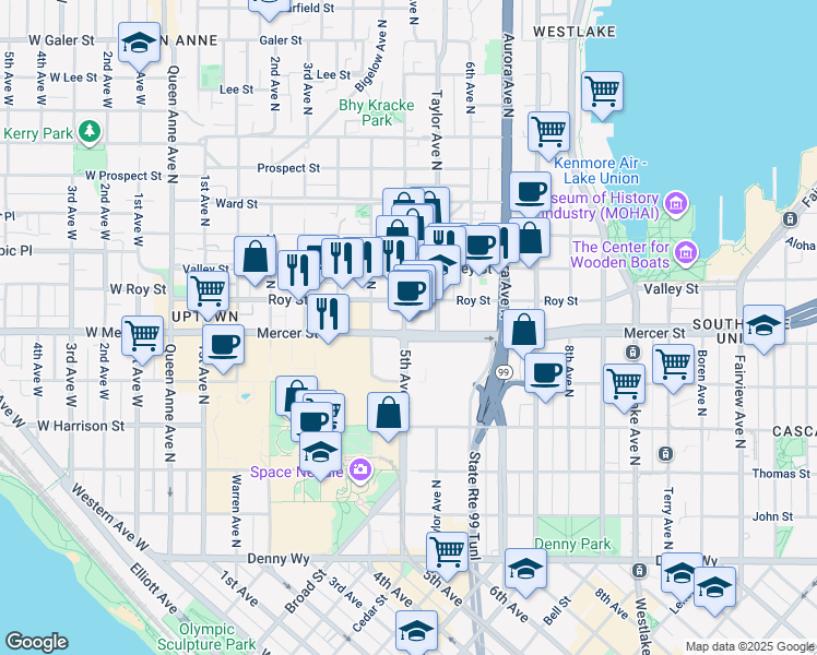 map of restaurants, bars, coffee shops, grocery stores, and more near 500 Mercer Street in Seattle