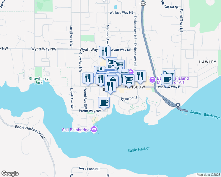 map of restaurants, bars, coffee shops, grocery stores, and more near 176 Winslow Way East in Bainbridge Island