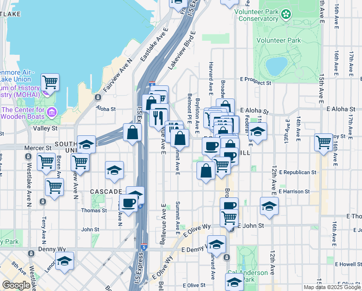 map of restaurants, bars, coffee shops, grocery stores, and more near 511 East Roy Street in Seattle