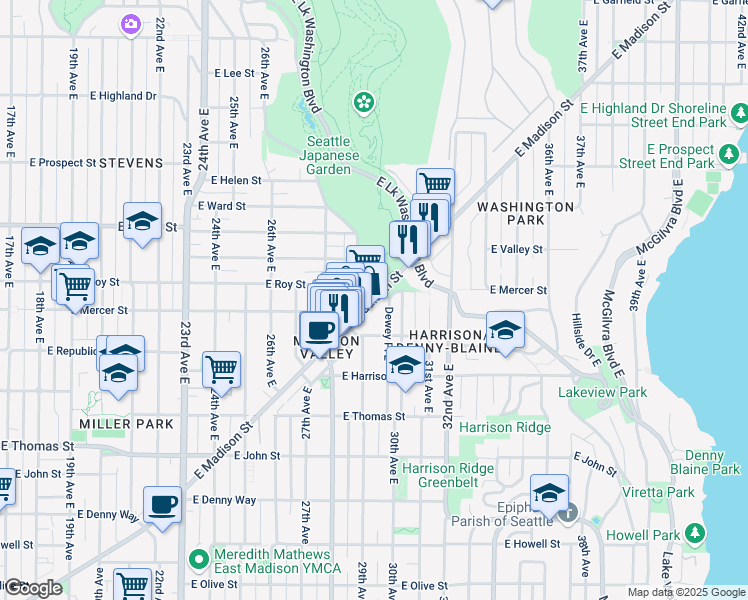 map of restaurants, bars, coffee shops, grocery stores, and more near 2929 East Madison Street in Seattle