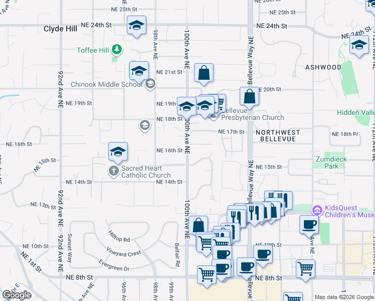 map of restaurants, bars, coffee shops, grocery stores, and more near 100th Avenue Northeast in Bellevue