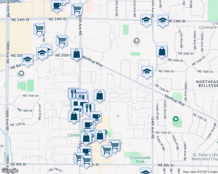 map of restaurants, bars, coffee shops, grocery stores, and more near 15853 Northup Way in Bellevue