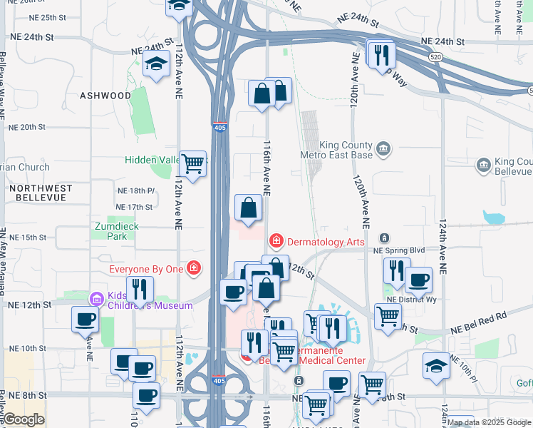 map of restaurants, bars, coffee shops, grocery stores, and more near 1500 116th Avenue Northeast in Bellevue