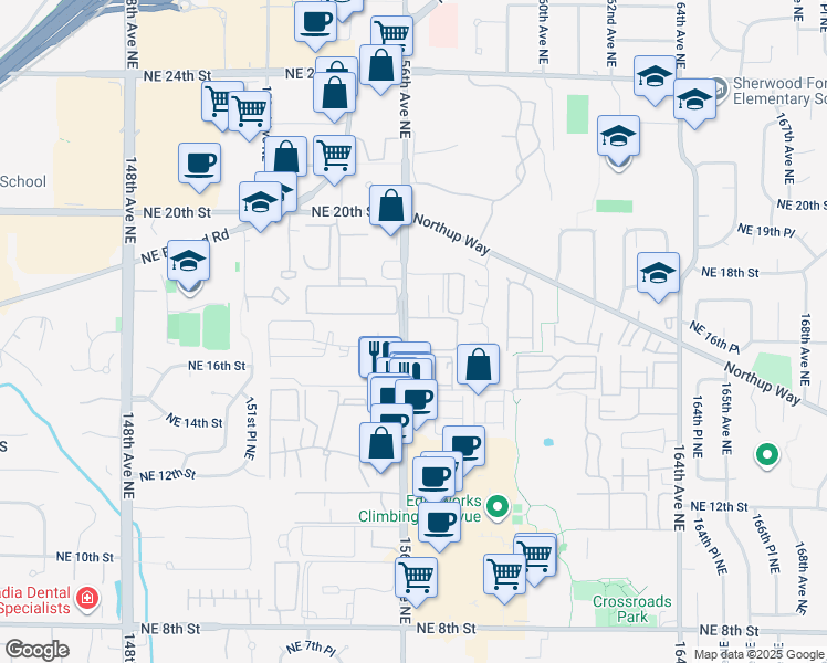 map of restaurants, bars, coffee shops, grocery stores, and more near 1616 156th Avenue Northeast in Bellevue