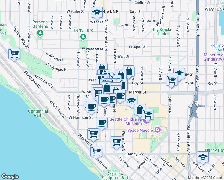 map of restaurants, bars, coffee shops, grocery stores, and more near in Seattle