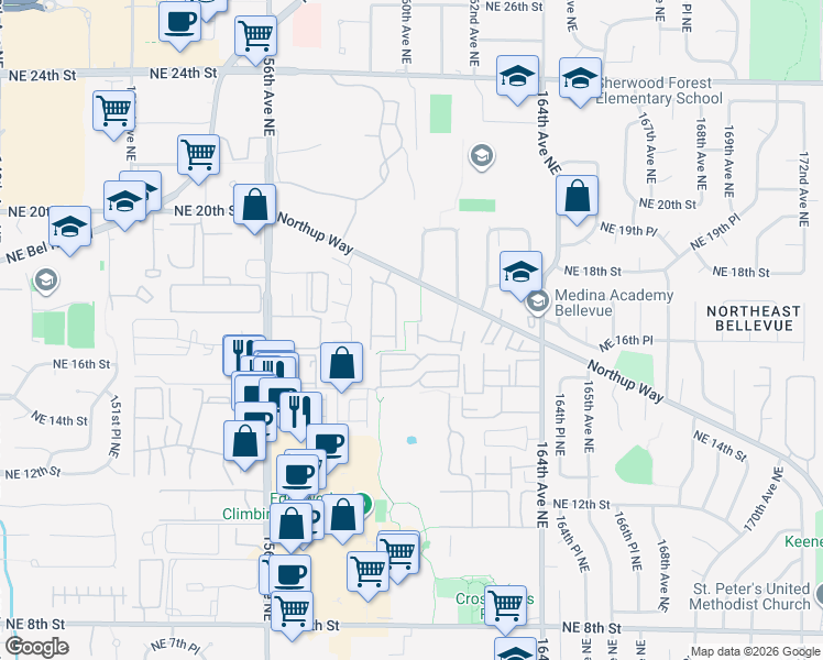map of restaurants, bars, coffee shops, grocery stores, and more near 16117 Northup Way in Bellevue