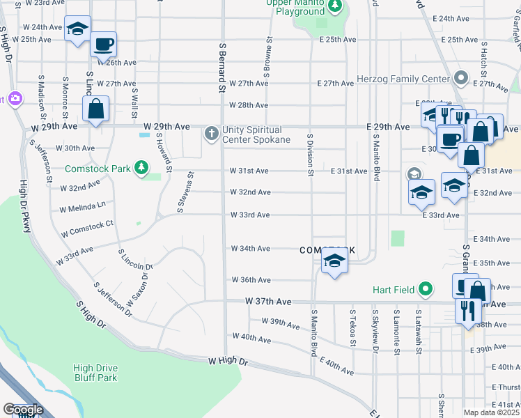 map of restaurants, bars, coffee shops, grocery stores, and more near 124 West 33rd Avenue in Spokane