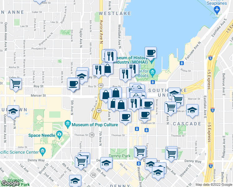map of restaurants, bars, coffee shops, grocery stores, and more near 714 Mercer Street in Seattle