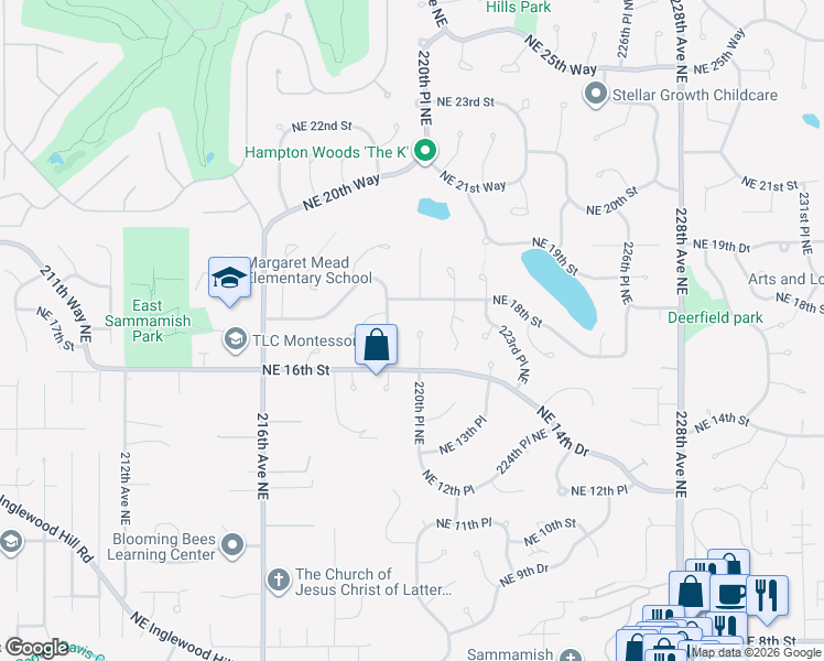 map of restaurants, bars, coffee shops, grocery stores, and more near 1633 220th Place Northeast in Sammamish