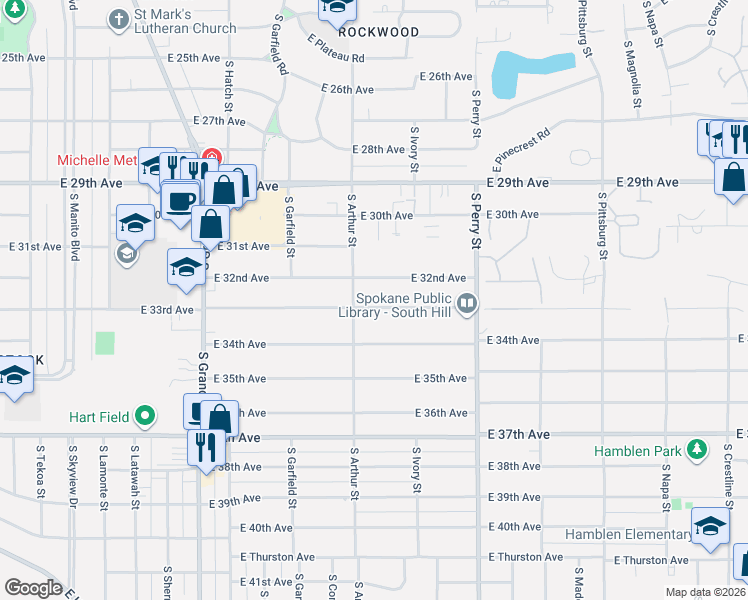 map of restaurants, bars, coffee shops, grocery stores, and more near 1021 East 33rd Avenue in Spokane