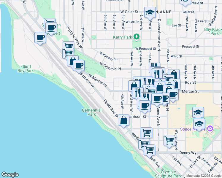 map of restaurants, bars, coffee shops, grocery stores, and more near in Seattle