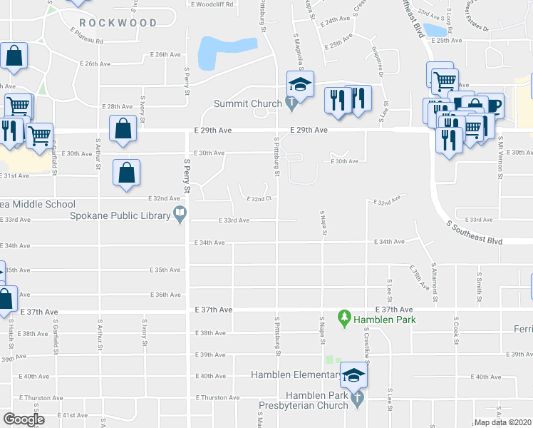 map of restaurants, bars, coffee shops, grocery stores, and more near 1712 East 32nd Court in Spokane