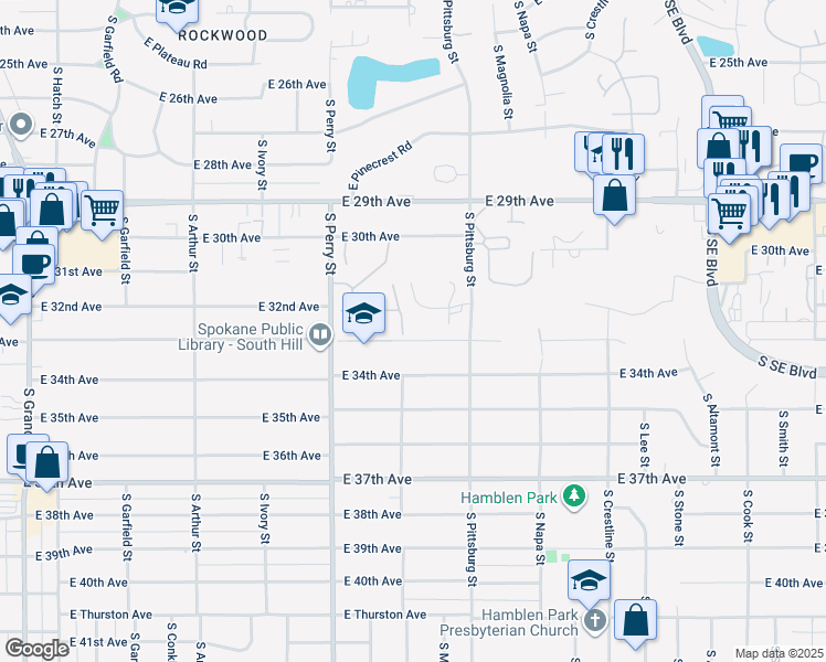 map of restaurants, bars, coffee shops, grocery stores, and more near 1603 East 33rd Avenue in Spokane