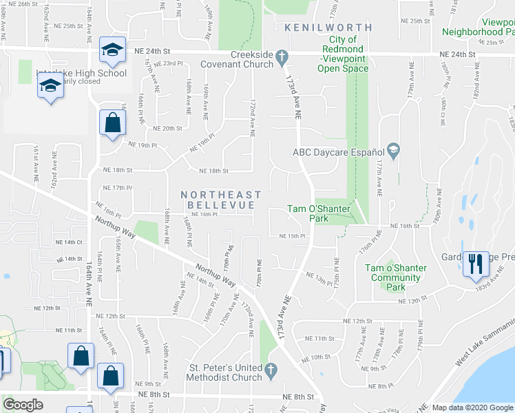 map of restaurants, bars, coffee shops, grocery stores, and more near 17200 Northeast 16th Place in Bellevue