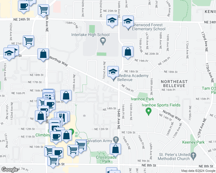 map of restaurants, bars, coffee shops, grocery stores, and more near 16209 Northup Way in Bellevue