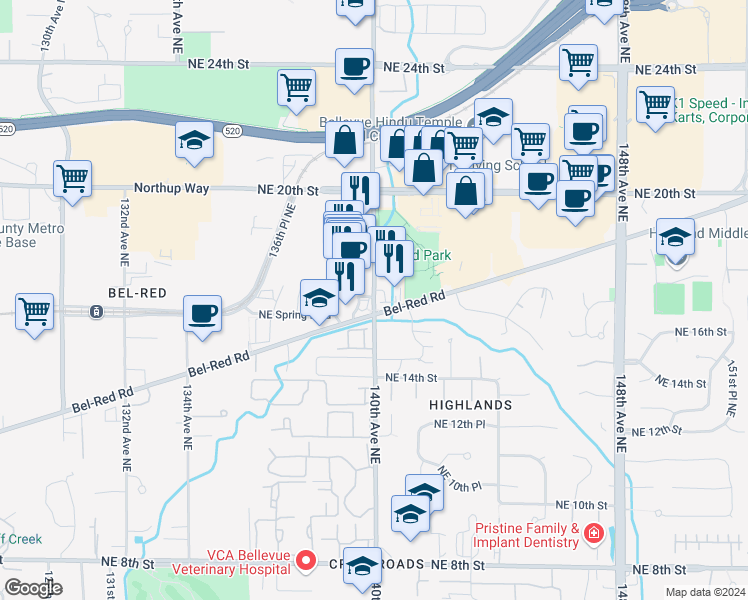 map of restaurants, bars, coffee shops, grocery stores, and more near in Bellevue