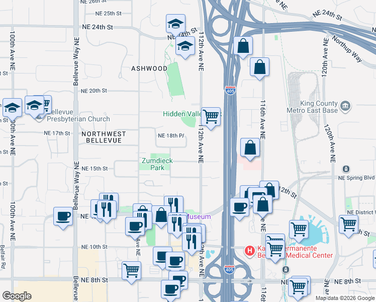 map of restaurants, bars, coffee shops, grocery stores, and more near 1655 112th Avenue Northeast in Bellevue