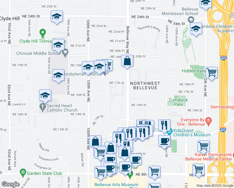 map of restaurants, bars, coffee shops, grocery stores, and more near 1620 103rd Avenue Northeast in Bellevue