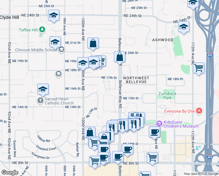 map of restaurants, bars, coffee shops, grocery stores, and more near 1620 103rd Avenue Northeast in Bellevue